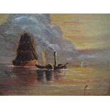 An oil painting on board in the style of J.M.W. Turner, The Fighting Temeraire, bears signature, 7.5