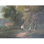 An oil painting, Etty Horton, couple on woodland river bank, signed 15 x 23 inches
