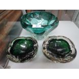 A large aqua marine Whitefriars glass bowl pattern number 9407, and two cased green bubble glass '