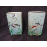 A pair of 19th century opaque glass vases of square design having handpainted piscellania decoration