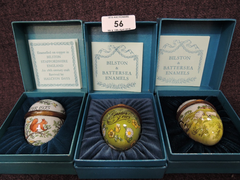 Three Halcyon Days reproduction Bilston & Battersea enamel, Easter Eggs for years 1973/4/5, in