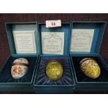 Three Halcyon Days reproduction Bilston & Battersea enamel, Easter Eggs for years 1973/4/5, in