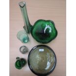 Six pieces of Whitefriars green glass, including rare deep green cased bubble glass bowl, smaller