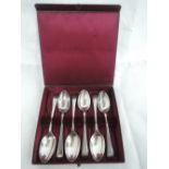 A cased set of six Edwardian silver tea spoons of plain form, monogrammed MJH to terminals,