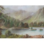 An oil painting, A. M. Porter, Lake landscape, 19th century, signed, 12 x 29 inches