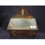 An early 19th century mahogany wall mounted salt box having inlay decoration and slope front