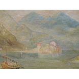 An oil painting, Lily Stacey, Italian Lake landscape, attributed verso, age 17, circa 1880, 10.5 x