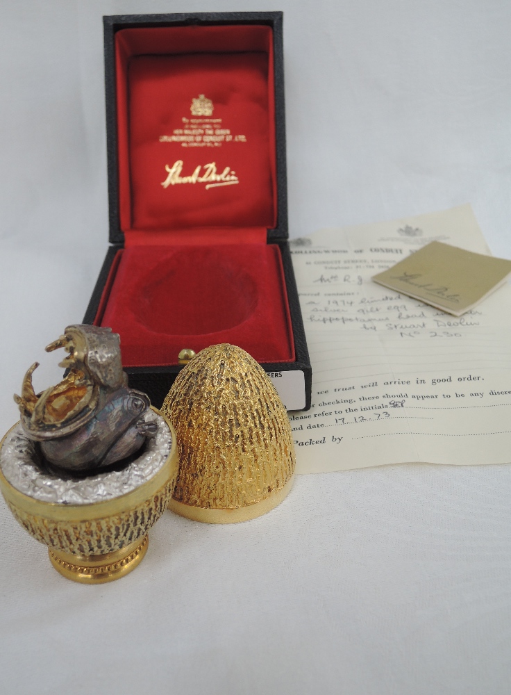 A cased Stuart Devlin 1974 silver gilt limited edition surprise Easter egg having a textured - Image 2 of 2