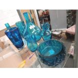 Three pieces of Whitefriars glass in kingfisher blue including two textured glass internally