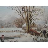 An oil painting on board, E Cottam, Ye Olde English scene village in snow, signed, 9.5 x 26 inches