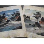 A pair of early 20th century Japanese fabric panels, having pictorial landscape decoration, in