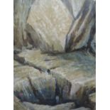 A watercolour, Thomas Robinson study of man and rocks, signed and dated (19)58, 19 x 15 inches
