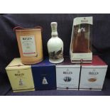 Five ceramic decanters of Bells Whisky, Arthur Bell, Alexander Bell, James Watt, Alexander