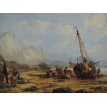 An oil painting, Coastal Shrimping, 19th century, 11.5 x 21 inches