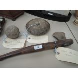 Two tribal club heads from Kuk Valley, New Guinea and a vintage stone-axe from Java