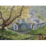 An oil painting on board, Stephen J Darbishire, Blossom, Lakeland cottage, signed and attributed