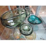 Five pieces of Whitefriars green glass, pattern numbers - 9778, 9250, 9117, 9588, includes pre
