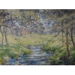 An oil painting, M.E.R. Impressionist, Woodland stream and cottage, initialled, 15 x 20 inches