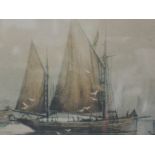 An etching after Henry C Walter, sailing smacks, signed, 6.5 x 10.5 inches