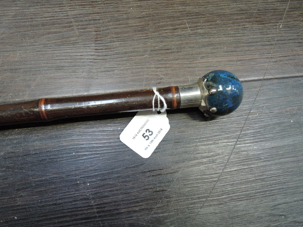 A Victorian walking cane having lapis lazuli knop with HM silver coronet rim by Julius Klinkhardt