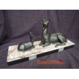 An Art Deco 20th century French figure group modelled as cast deer and fawn, on marble base