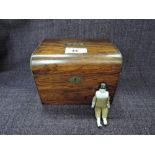 A late Victorian rosewood tea caddy having inlay script 'Tea' and a 19th century miniature porcelain