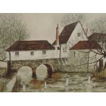 An artist draft print after Jeremy King, Bray Mill House and pond, signed, 12 x 18 inches