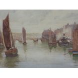 A watercolour, J E Drummond, Harbour scene, signed and dated 1905, 14 x 22 inches