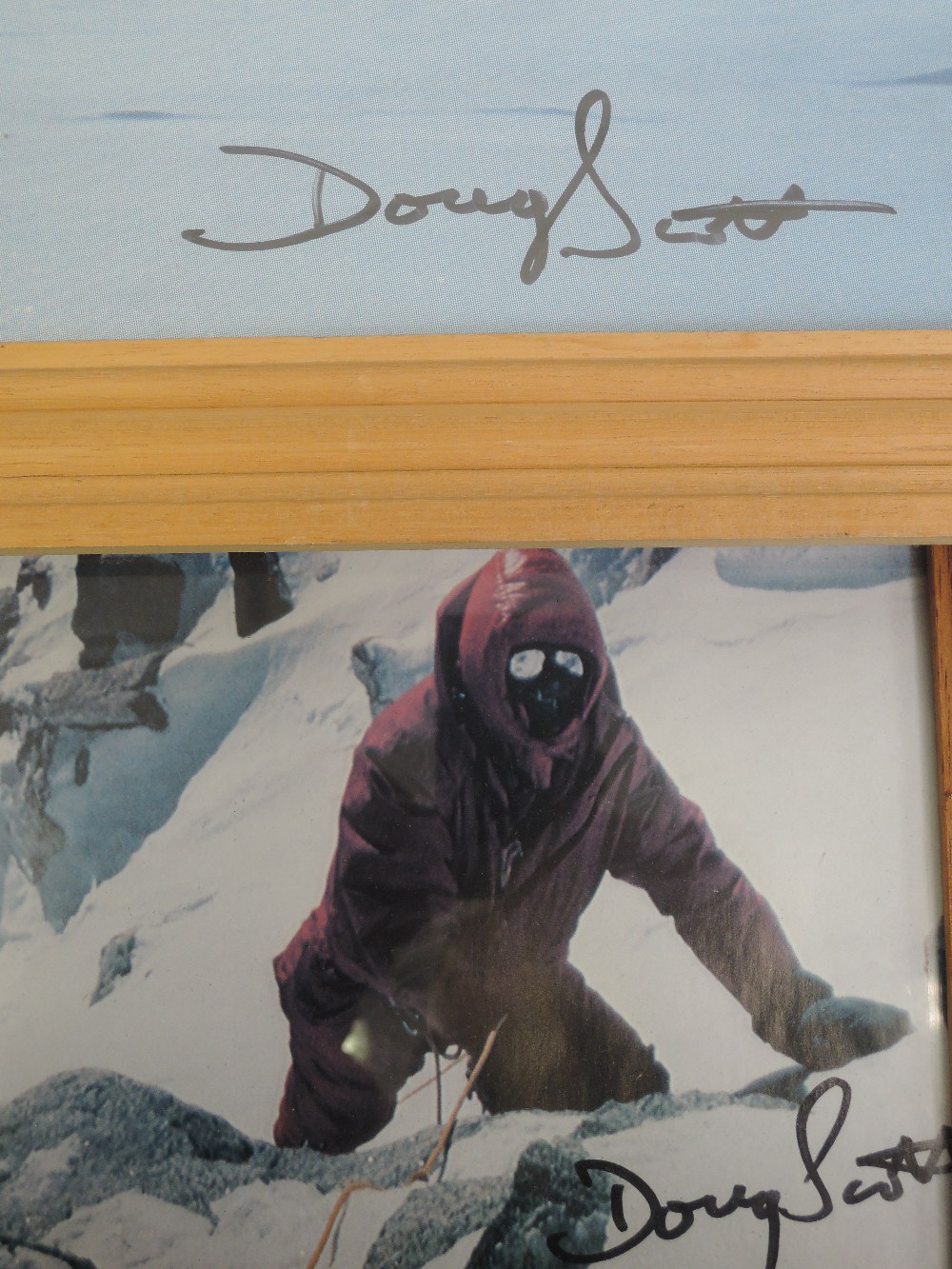 Two photographs, mountaineering interest, snow capped mountains, signed, Doug Scott