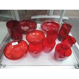 Eleven pieces of Whitefriars ruby glass including two bubble, two bowl, six glasses and a vase.