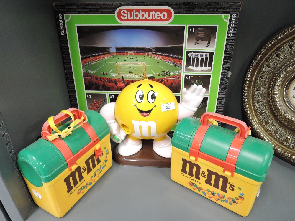 A selection of vintage M&Ms collectables and display, also Subbuteo game