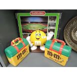 A selection of vintage M&Ms collectables and display, also Subbuteo game