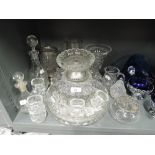 A selection of vintage cut and etched glass wares including Horlicks mixer