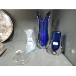 A selection of decorative glass including Caithness and blue and clear vase set