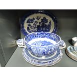 A selection of vintage transfer printed blue and white ceramics