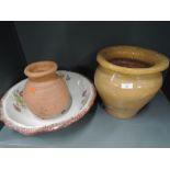 A selection of vintage ceramics including Roman style terracotta pot