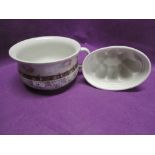 A selection of vintage ceramics including jelly mould and elaborate transfer print chamber pot