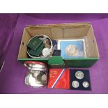 A collection of GB and world coins including USA 1976 three coin silver proof set, two 1826