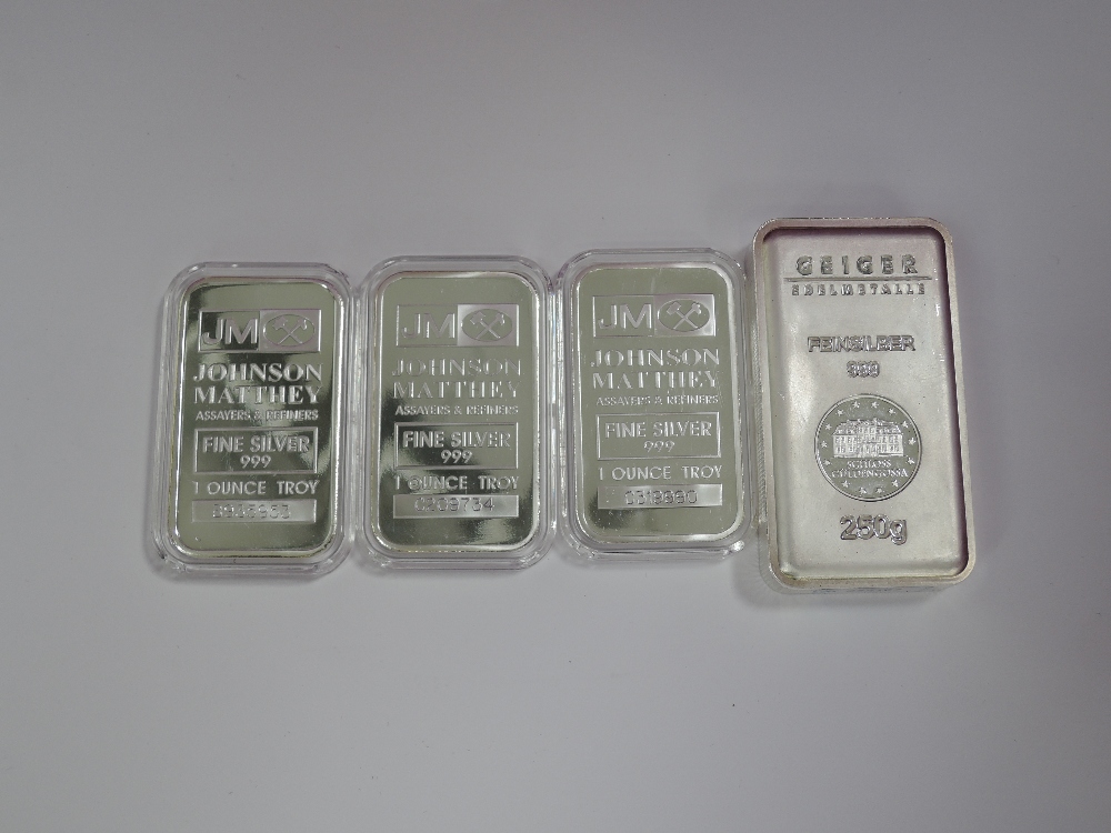 Four bars of silver consisting of three Johnson Matthey fine silver 999 one ounce troy B935953,