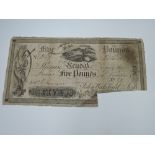 An 1829 Kendal used five pound note, dated 2nd February 1829, cancelled 16th August 1834