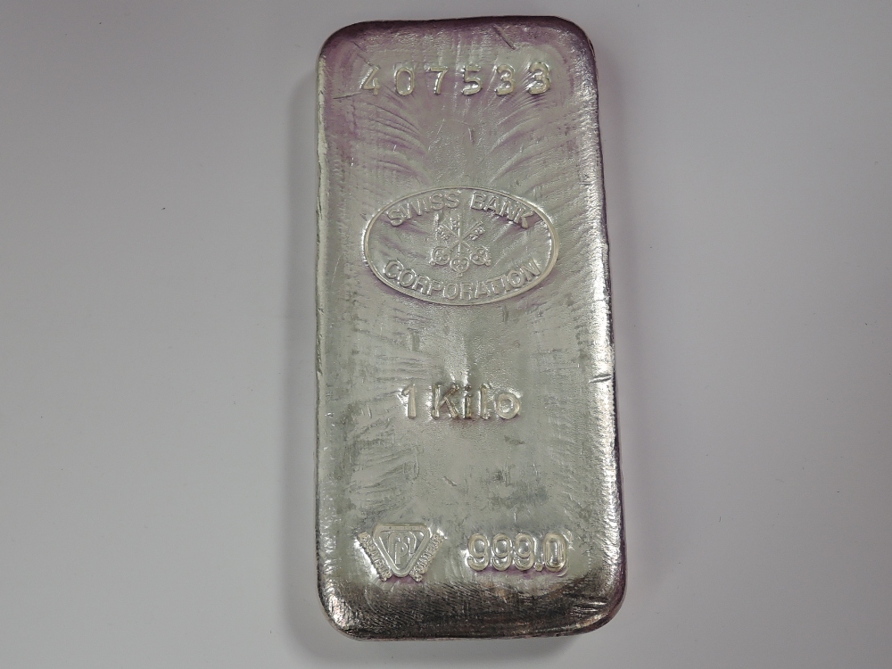 A one kilo bar of 999.0 silver, marked 407533 Swiss Bank Corporation one kilo essay EUR Fondeur