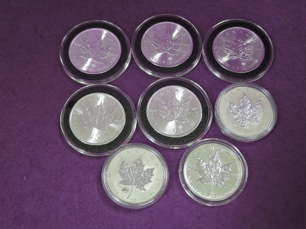 A collection of 8 silver 1oz Canada Maple leaf 5 dollar coins 6 x 2015, 1996, 2016, some with