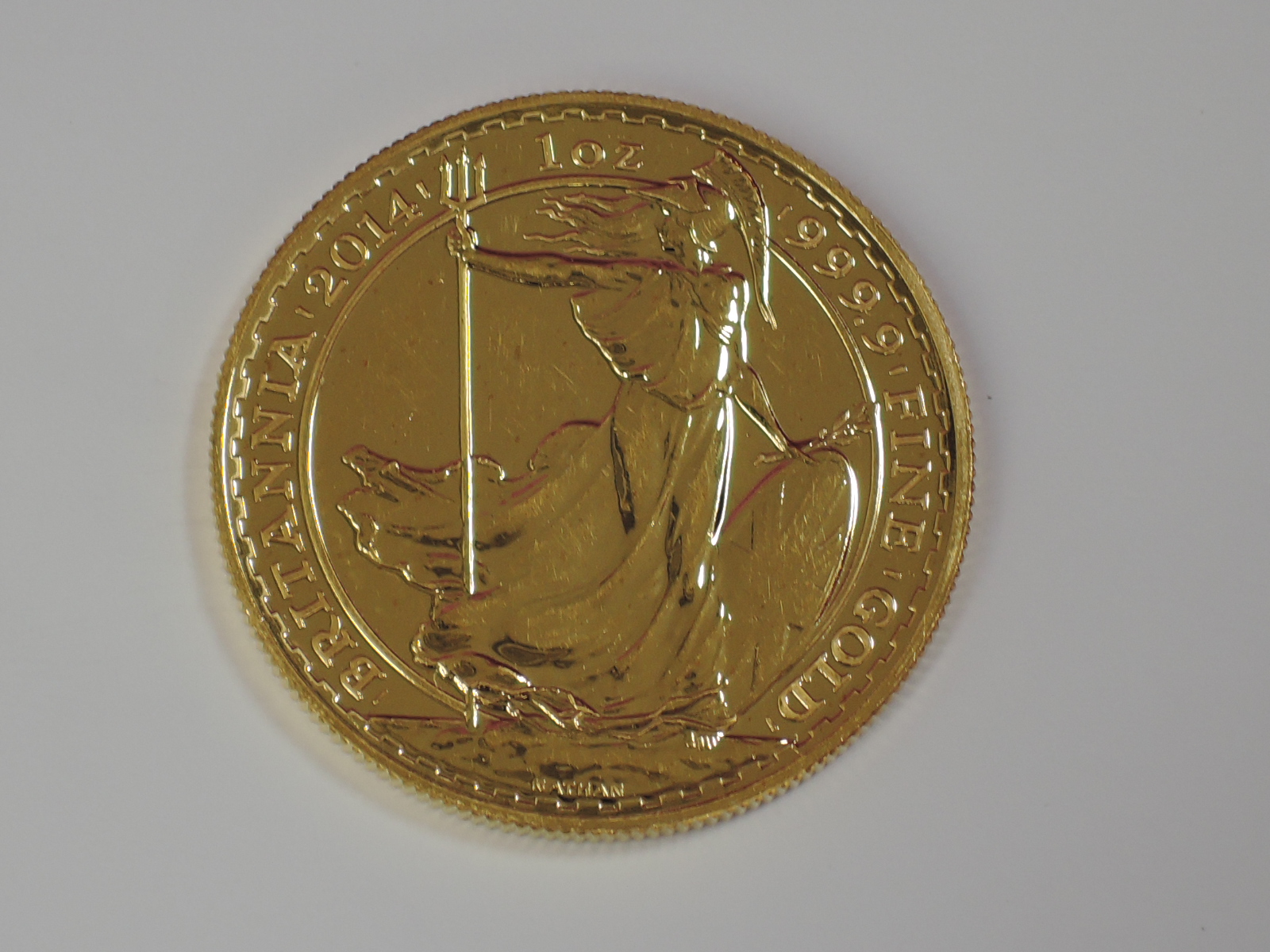 A gold 1oz 2014 Great Britain Britannia 100 pound coin, in plastic case