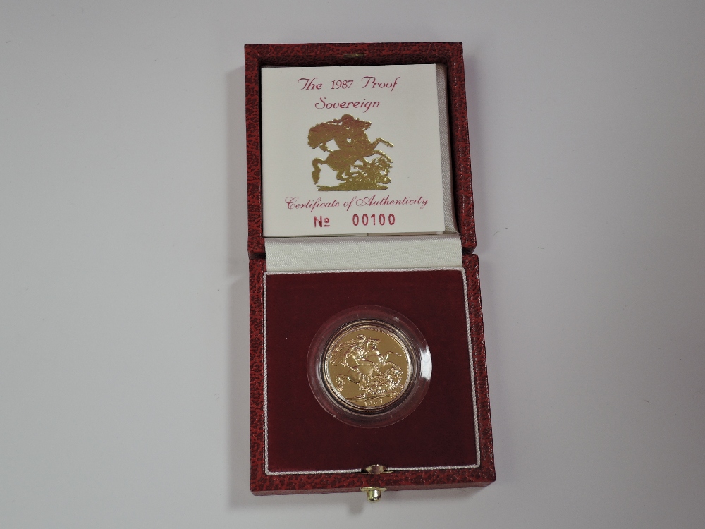 A gold 1987 Great Britain Elizabeth II proof Sovereign, in case with certificate