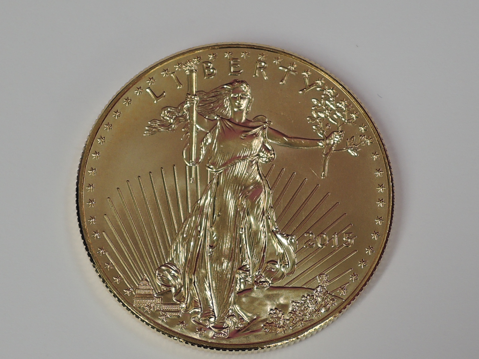 A gold 1oz 2015 50 dollar U.S.A. coin, in plastic case