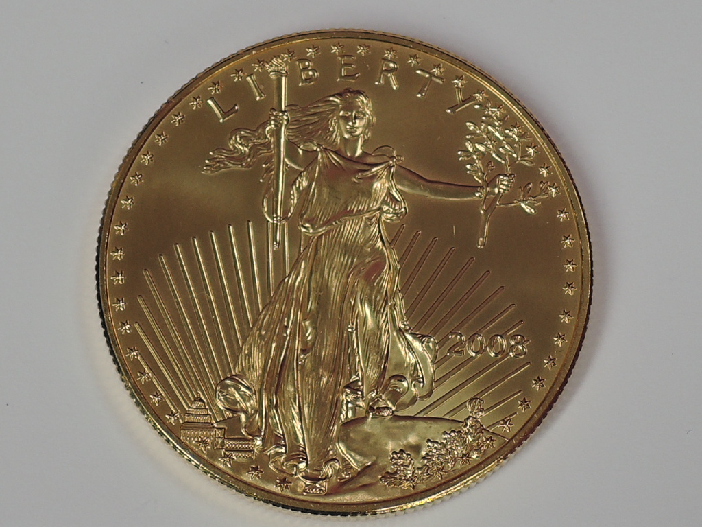 A gold 1oz 2008 50 dollar U.S.A. Coin, in plastic case