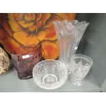 A selection of vintage glass wares including purple pressed vase