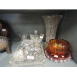 A selection of vintage clear cut crystal and carnival glass wares