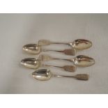 Five Victorian Irish silver tea spoons of fiddle back form having braying donkey engraved to
