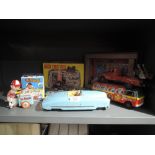 A selection of vintage tin plate toys games and cars including Favorit Car